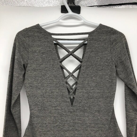 Chaser Grey Heathered Long Sleeve Criss Cross Body Suit size S - Picture 14 of 16